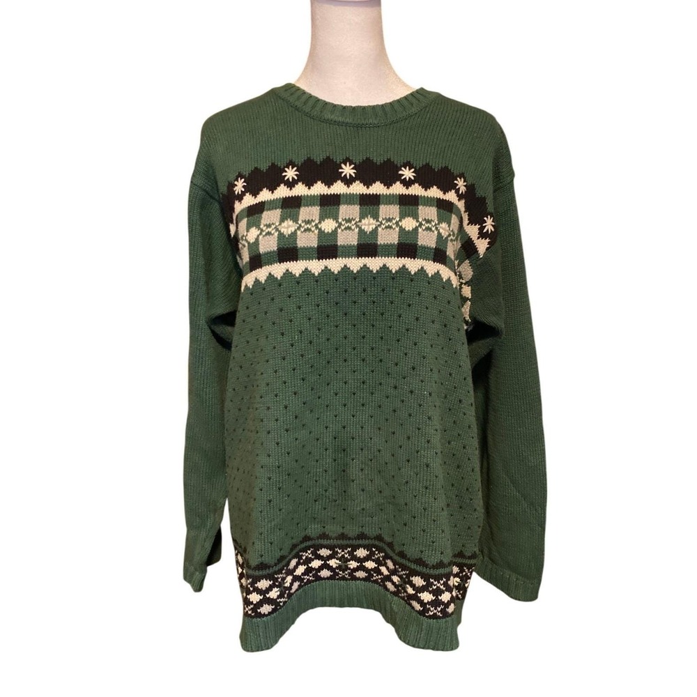 Vintage 1990s Fair Isle Sweater Nordic Green Cotton Small Rustic Cabin Heritage - Picture 2 of 5
